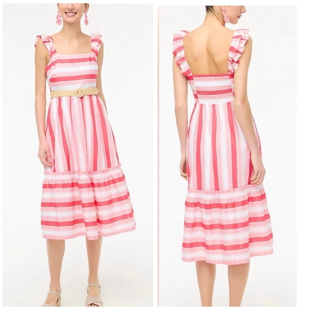 J. CREW | Striped Pink and White 100% Cotton Ruffle Straps Midi Dress Sz. 6 - Picture 7 of 7